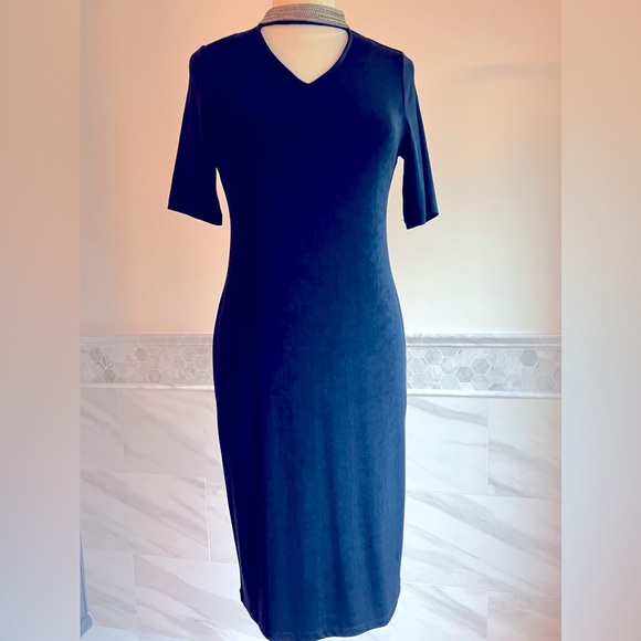 Chico’s Stretch Midi Elbow Sleeves Navy Dress S/M - Picture 1 of 10